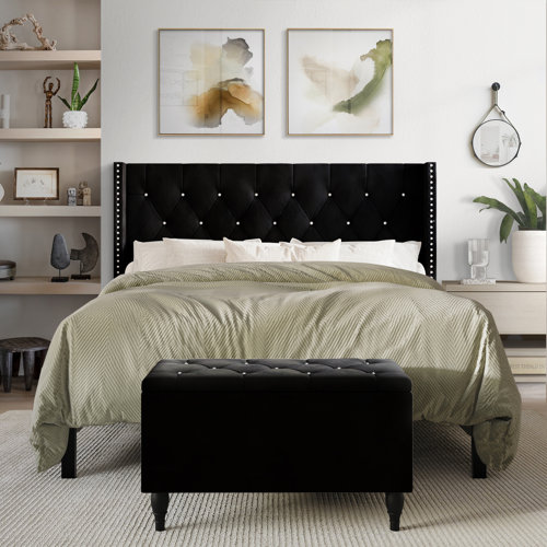 Wingback Upholstered Bed With Storage Bench In Velvet